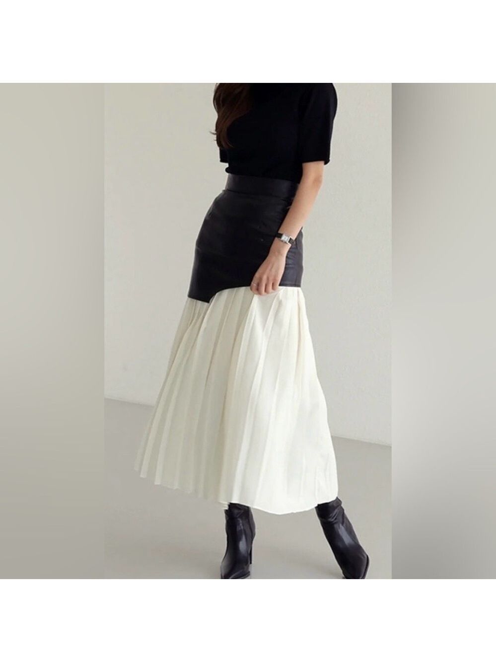 467. Commense Asymmetric Patchwork Faux Leather Chiffon Pleated Maxi Skirt M - Picture 3 of 10